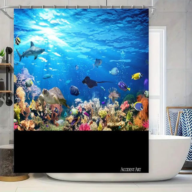 Helenal Duschvorhang Unterwasserwelt mit blauem Fisch und Korallen Design, wasserdicht und schimmelresistent, B: 90 cm, H: 180 cm - Bild 1