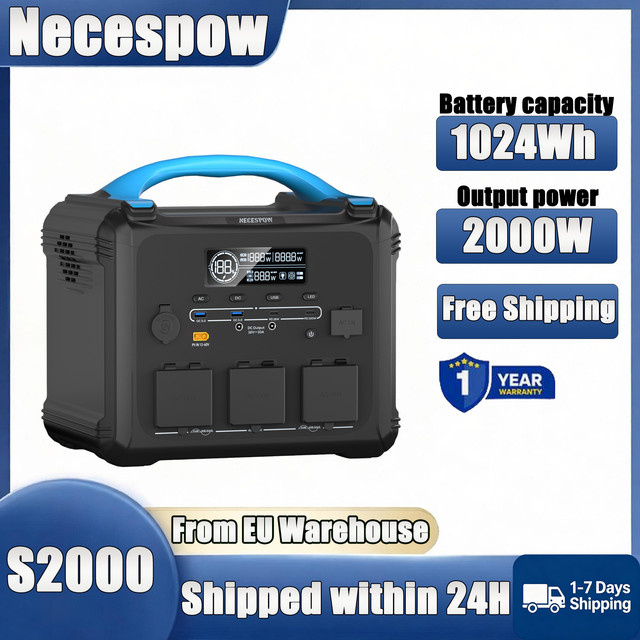 Necespow S2000 Tragbare Powerstation mit 1024Wh LiMnFePO4 Batterie, 2000W Leistung und 3000W Spitzenleistung, Schwarz, MPPT-Solargenerator mit 1300W AC-Schnellladung - Bild 1
