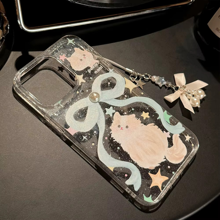Potdemiel Handyhülle mit 3D-Perlen und Cartoon-Katze in Glitzer-Optik für iPhone 17 Air 16 15 14 Plus 13 12 11 Pro Max inklusive Kette, stoßfeste weiche Hülle, transparent - Bild 2