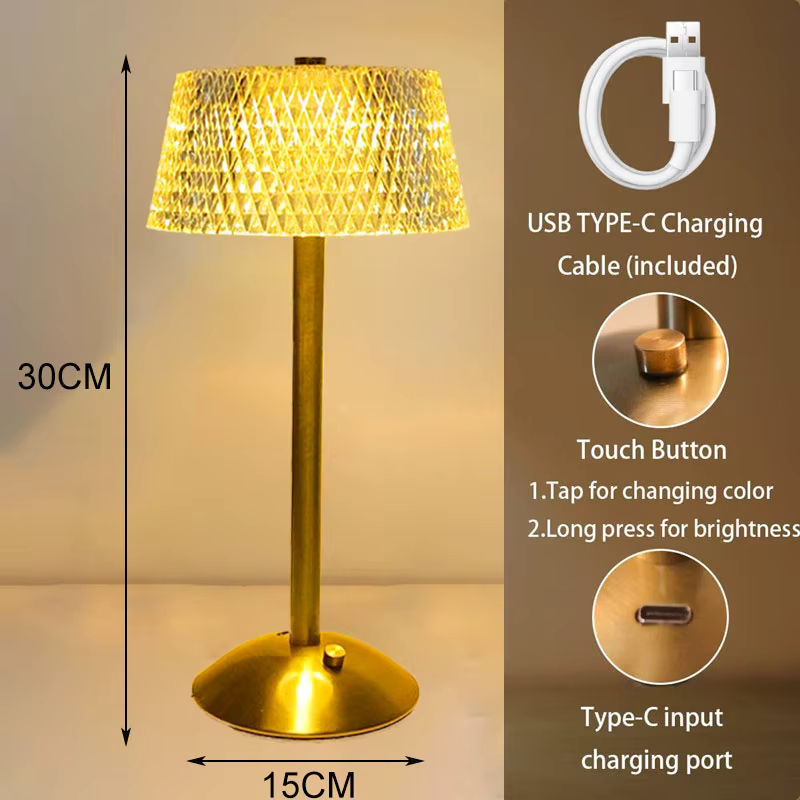 Claeted Kristall Tischlampe Diamant Retro mit LED und USB-Anschluss, transparent/gold, Touch-Funktion für Schlafzimmer, Hotel und Büro - Bild 6