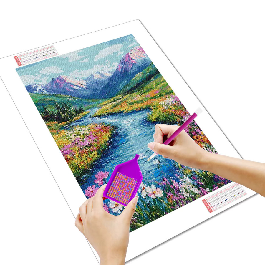 Huacan Diamantmalerei Landschaft mit Bergen, Blumen und Fluss als Mosaik-Set in Mehrfarbig, B/H: 20 x 30 cm - Bild 2