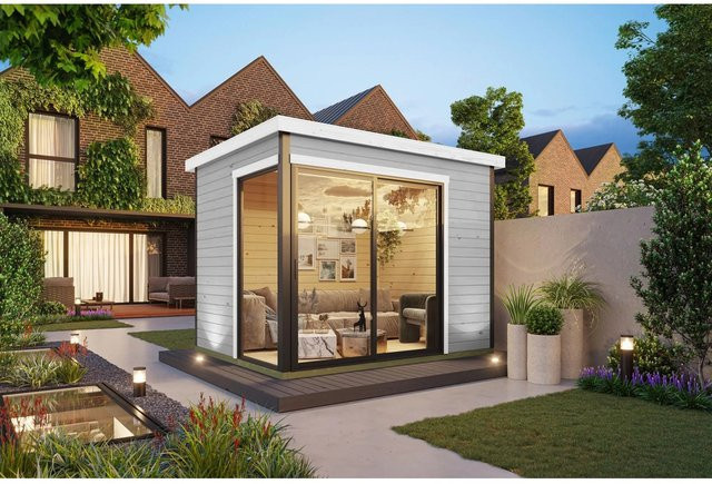 Lasita Blockbohlenhaus Austin Gartenhaus mit Flachdach in Lichtgrau, B/H/T: 300 x 239,4 x 240 cm - Bild 1