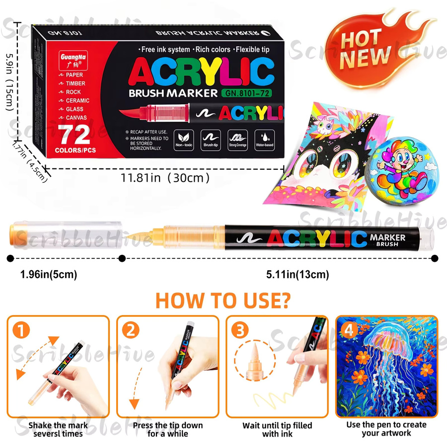 Professionelle Acryl-Farbmarker Set mit 72 Farben und weicher Pinselspitze für DIY-Bastelarbeiten in Multicolour - Bild 6