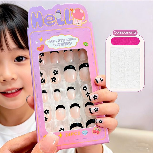 MAFANAILS Künstliche Nägel für Kinder, Schwarze Blumen, Glänzend, 24 Stück - Bild 1