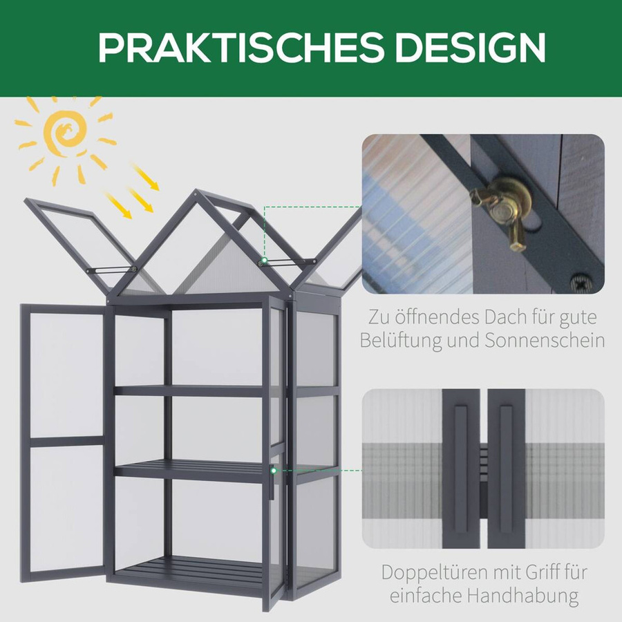 Outsunny Gewächshaus aus Holz und Polycarbonat in Grau mit Regalen, B/H/L: 42 x 132 x 70,5 cm - Bild 4