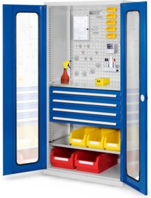 Kappes Schubladenschrank RasterPlan Mod. 33 mit Sichtfenstertüren und Schloss, Grau/Blau, B: 100 cm, H: 195 cm, T: 60 cm - Bild 1