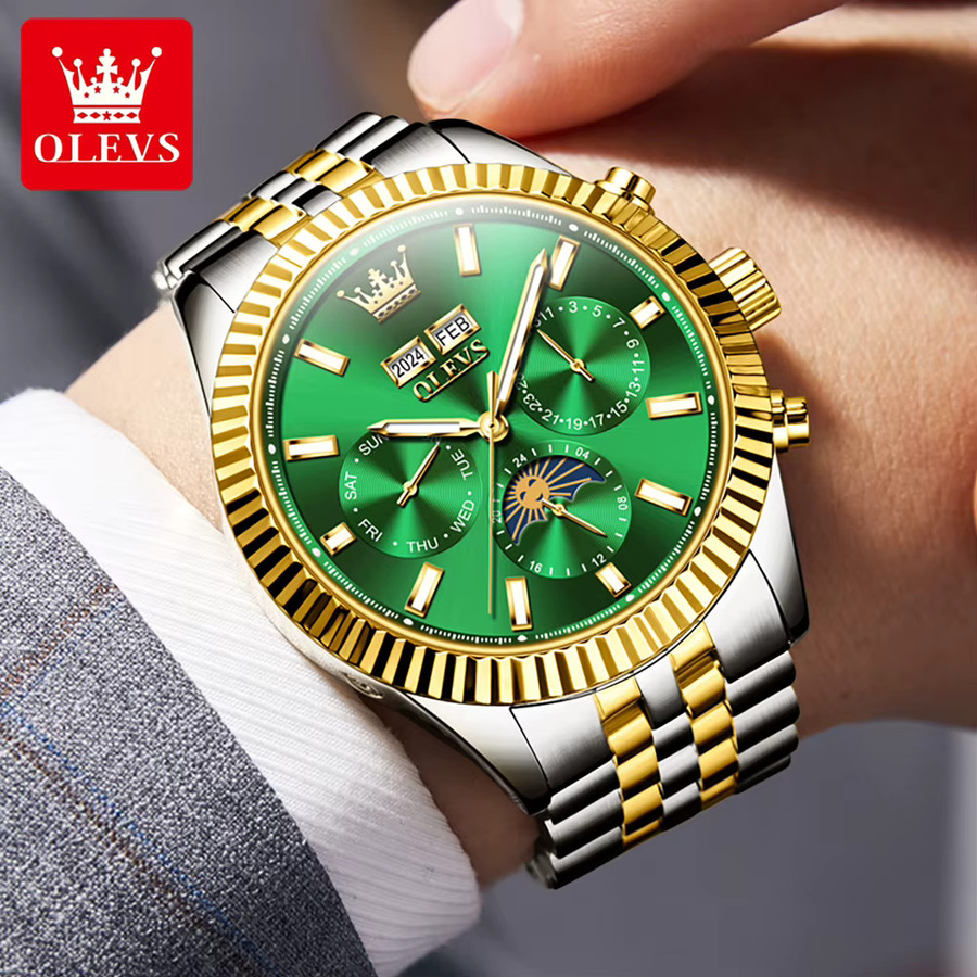 OLEVS Herrenuhr, Automatik, Edelstahl, Gold, Mondphasenkalender - Bild 4