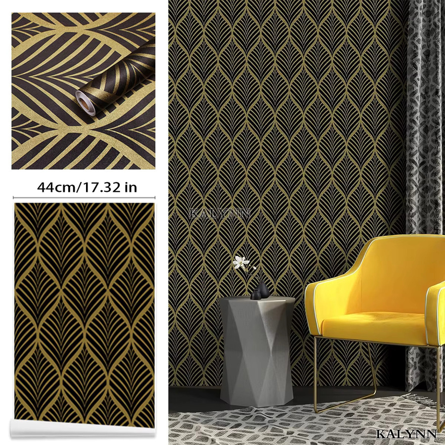 KALYNN Selbstklebende Tapete im Art-Deco-Stil mit geometrischem Muster in Schwarz-Gold, PVC-Wandaufkleber, Breite: 44 cm - Bild 2