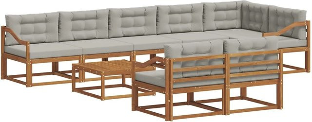 vidaXL Outdoor-Sofagarnitur aus Akazienholz mit Kissen, 9-teiliges Set, Natur und Hellgrau - Bild 1