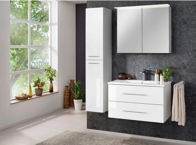 Fackelmann Spiegelschrank b.perfekt in Weiß und Grau mit Softclose-Türen, integrierter LED-Beleuchtung und Rasiersteckdose, B/H/T: 80 x 69 x 23,1 cm - Bild 1
