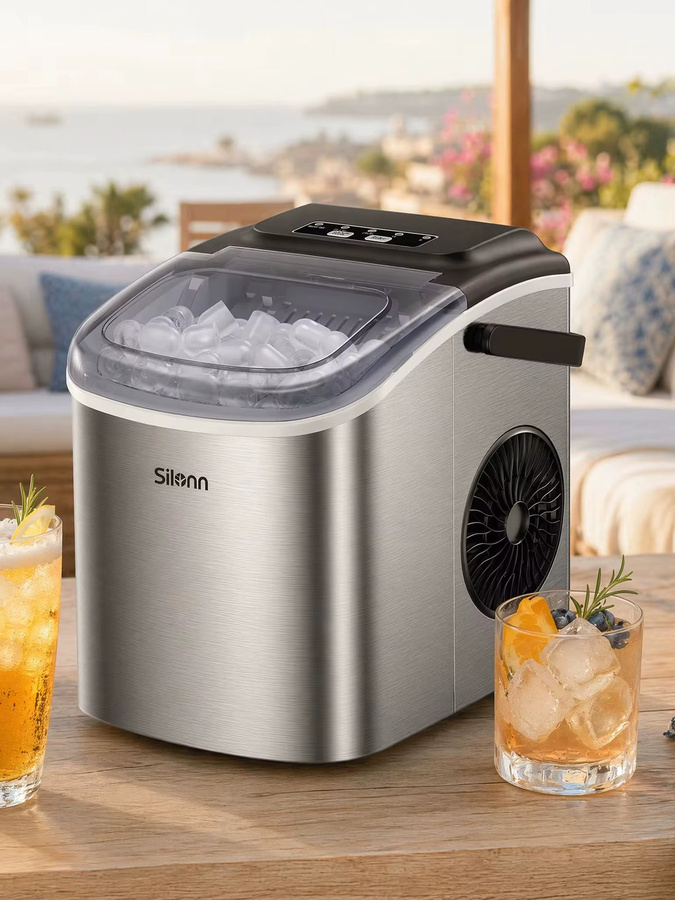 Silonn Eiswürfelmaschine in Silber mit Tragegriff, kompakt und selbstreinigend, 2 Eisgrößen, ideal für Küche, Büro und Partys - Bild 7