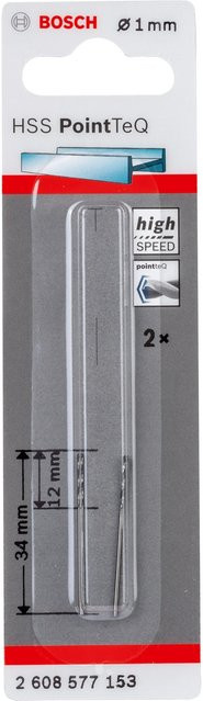 Bosch HSS-Spiralbohrer PointTeQ in Schwarz und Silber, 2 Stück, Durchmesser: 1 mm, Länge: 34 mm, Bohrung: 12 mm - Bild 1
