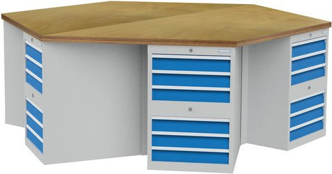Bedrunka + Hirth 6-Eck-Werkbank aus Stahlblech in Blau, B/H/T: 250 x 85,9 x 216,5 cm - Bild 1