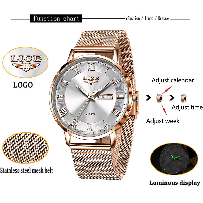 LIGE Armbanduhr Chronograph, Quarz, Edelstahl, Roségold, Damen - Bild 3