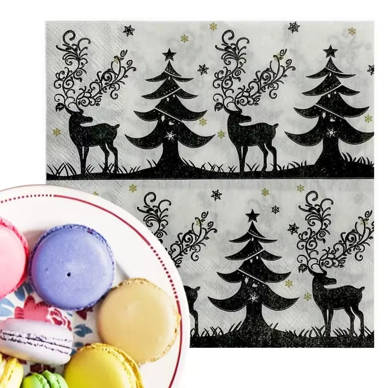 GUANYAO Weihnachtsservietten mit Tannenbaum-Print, 20 Stück, Schwarz und Weiß, Breite: 33 cm - Bild 3