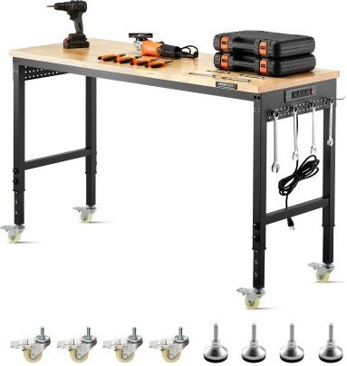 VEVOR Werkbank mit Eichenholzplatte in Braun und Schwarz, höhenverstellbar, Tragkraft 907 kg, mit Steckdose, Rollen und Stecktafel, B/T/H: 152,4 x 55,9 x 71,1-103,0 cm - Bild 1