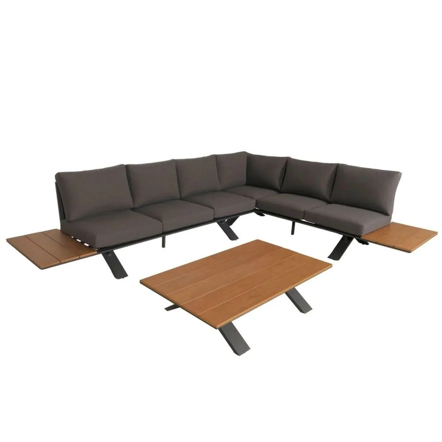 MCW Garten-Garnitur M62 Lounge-Set aus Aluminium in Holzoptik mit anthrazitfarbenem Gestell und dunkelgrauen Sitz- und Rückenpolstern - Bild 3