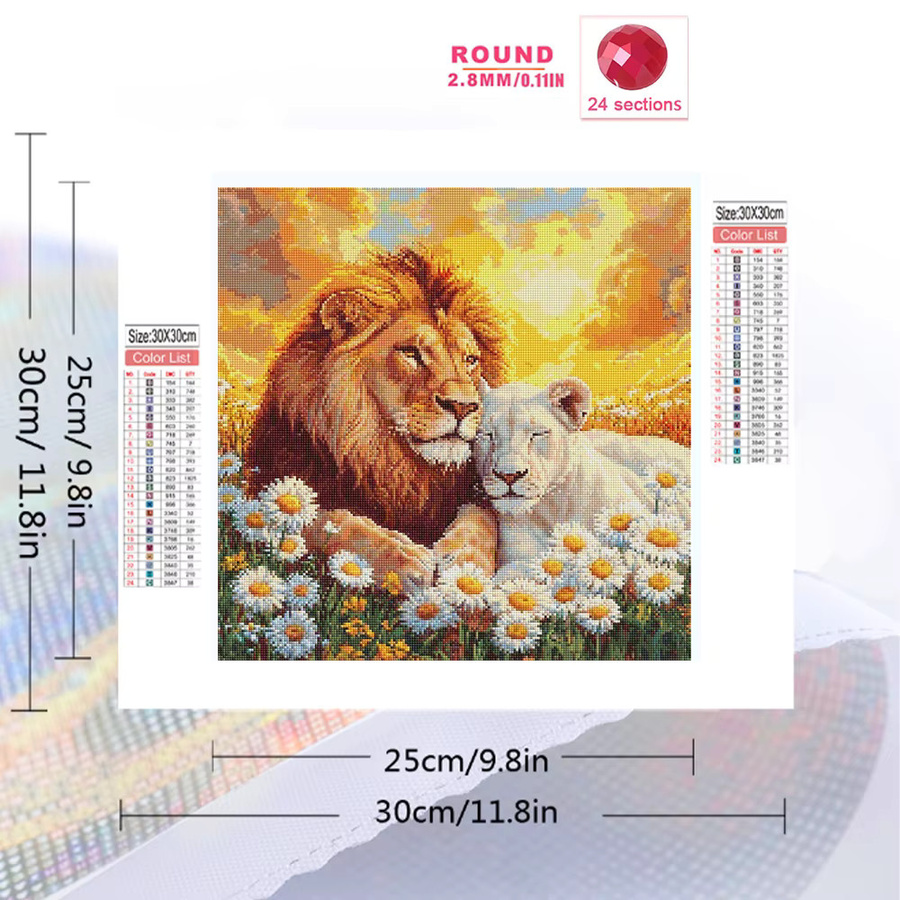 EverShine Diamant-Stickerei Löwe mit Gänseblümchen als quadratisches Mosaikbild in Multicolour zur Wanddekoration - Bild 2