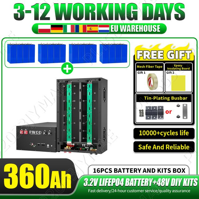 Futuraglow 48V LiFePO4 DIY-Kit mit 16 Zellen und integriertem BMS für Solar-Off-Grid-Heimenergiespeicher und Golfcarts, 3,2V 360Ah - Bild 1