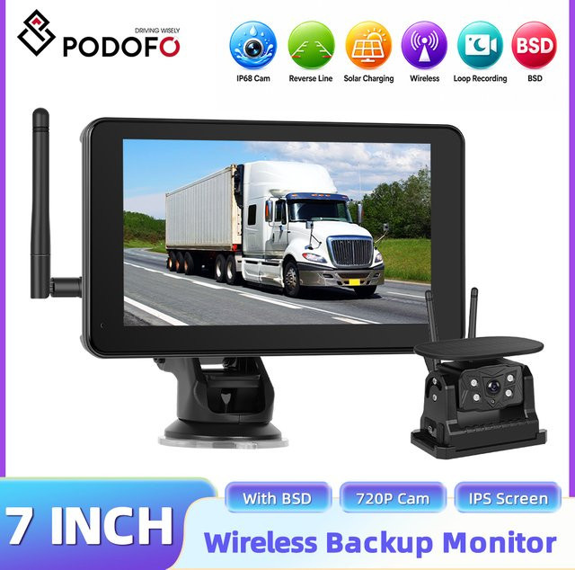 Leekooluu Automonitor mit 7-Zoll-IPS-HD-Display und kabelloser Solar-Rückfahrkamera in Schwarz mit Weitwinkel, IP68 wasserdicht und BSD-Funktion - Bild 1
