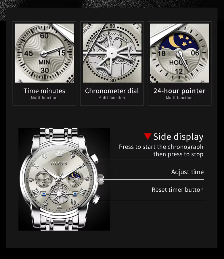 OLEVS Armbanduhr Edelstahl, Mondphase, Silber, Herren - Bild 5