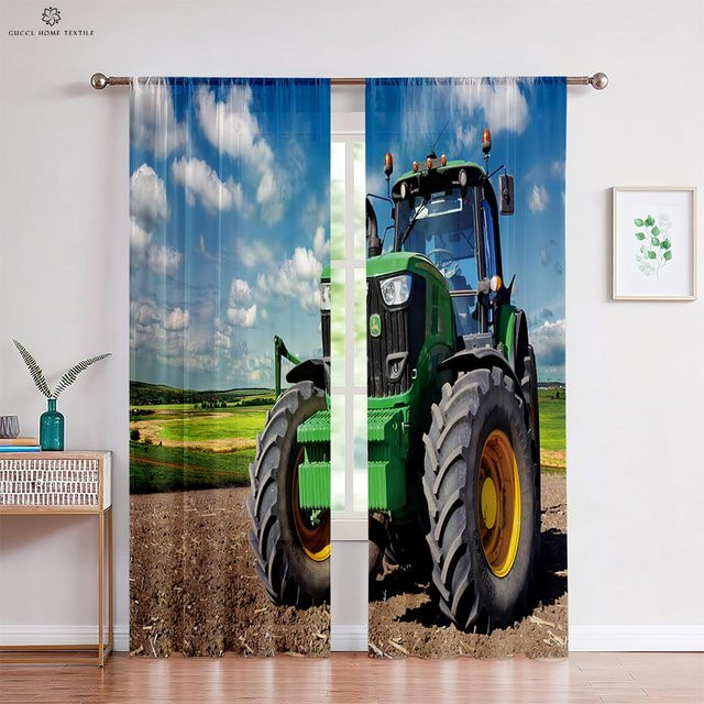 Yiran Furniture Vorhänge mit 3D-Traktor-Druck, 2er-Set, halbtransparent, Mehrfarbig, Breite: 70 cm, Höhe: 100 cm - Bild 1