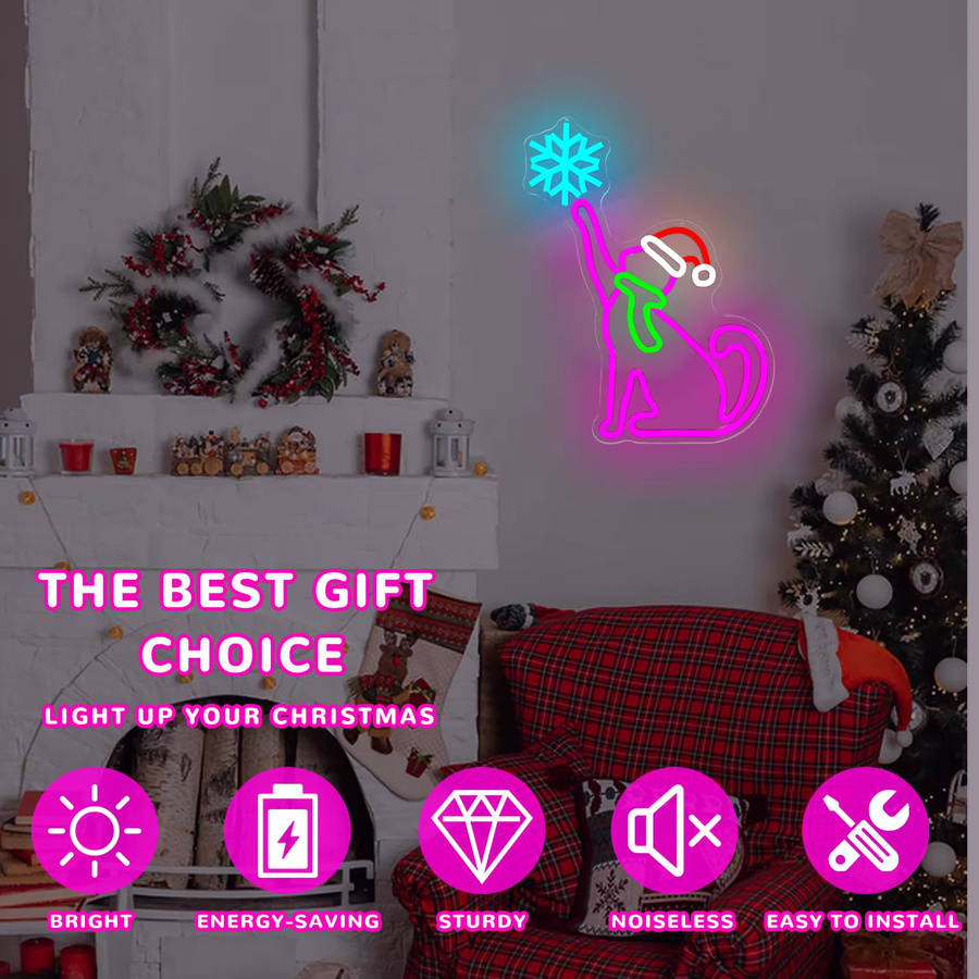 Dimmbares Neon-Wandschild Rosa Katze mit Schneeflocken für Kinderzimmer und Weihnachtsdekoration in Pink und Multicolour - Bild 3