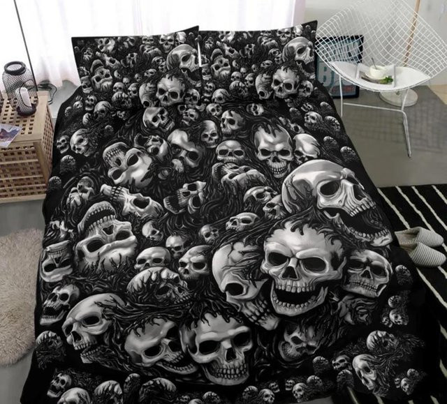 3-teiliges Bettwäsche-Set mit Schädel-Motiv in Silber und Schwarz von Your Warm Home, Material Mikrofaser, B/H: 70 x 133 cm - Bild 1