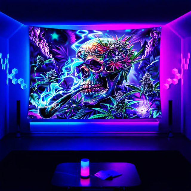 VIKAMA Psychedelischer Totenkopf Wandteppich in Multicolour mit Neon-Raucheffekten und abstraktem Grafikdesign für dein Wohnzimmer oder Party-Raum, B/H: 60 x 40 cm - Bild 1