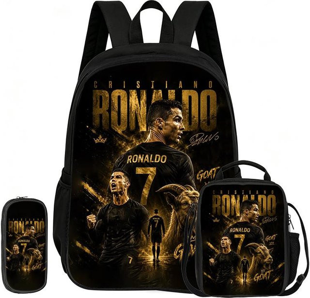 Fancy Style Studio Fußball Sport Rucksack Ronaldo 3-teiliges Set in Schwarz mit Federmäppchen und Brotdose - Bild 1