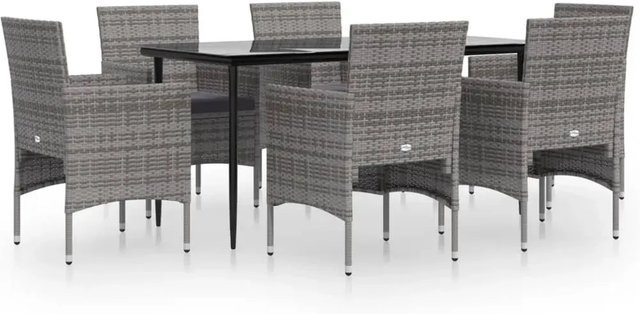 vidaXL 7-teilige Garten-Essgruppe aus PE-Rattan mit Hartglastisch und Kissen in Grau und Schwarz - Bild 1