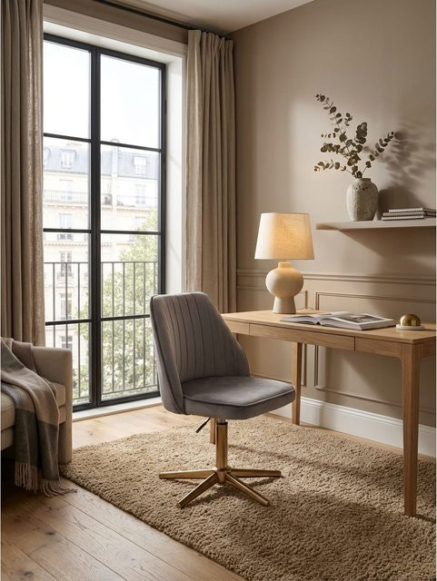 Drehstuhl aus Samt von KADIMA DESIGN in Grau mit Lehne und ohne Rollen, B/T/H: 46 x 47 x 100 cm - Bild 1