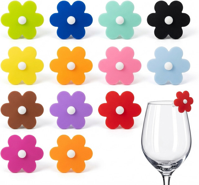 SUNFILI Blumen-Silikon-Weinglas-Marker in Multicolour zur Identifikation von Gläsern für Wein, Bier und Cocktails - Bild 1