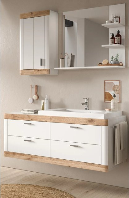 Inn.Furn Badmöbel-Set 4-teilig in Weiß und Eiche mit Waschbecken, Spiegelschrank und Unterschrank im Landhausstil - Bild 1