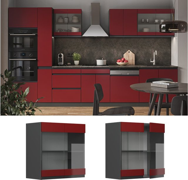 Vicco R-Line J-Shape Glashängeschrank für die Küche in Anthrazit und Rot mit Glasfronten, Breite: 60 cm - Bild 1