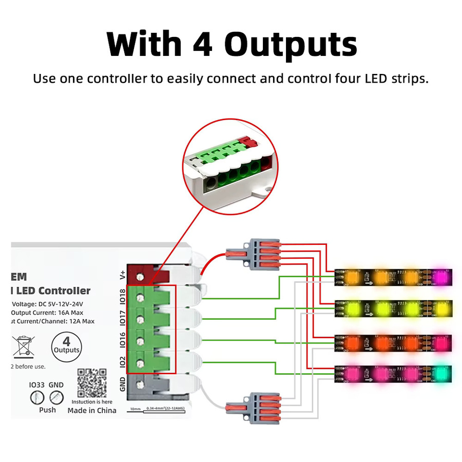 DOMRAEM ESP32 4-Kanal WLED-Controller mit 16A Sicherung und Level Shifter, Sound-Sync-kompatibel für WS281x Digital RGB IC LED-Streifen mit WiFi und Fernsteuerung - Bild 2
