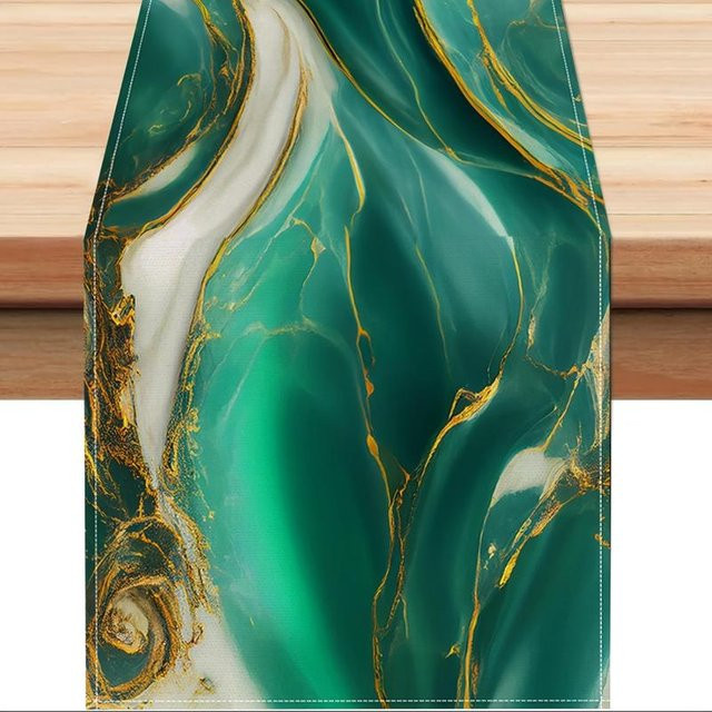 JINGYUE Pet Tischläufer mit Marmor-Muster in Smaragdgrün, Gold und Blau, B/H: 40 x 140 cm - Bild 1