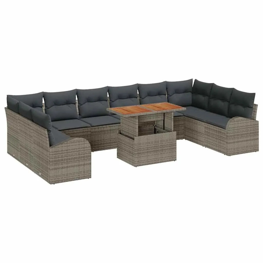 vidaXL Garten-Sofa-Set 11-teilig aus Rattan und Akazienholz in Grau mit Kissen - Bild 2