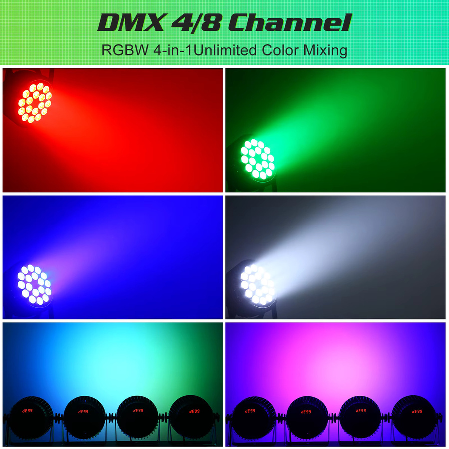 Datewink 4er Set 200W 18 LED Par-Scheinwerfer 4 IN 1 RGBW Bühnenbeleuchtung mit Regenbogeneffekt und DMX512 für DJ, Disco und Events - Bild 2