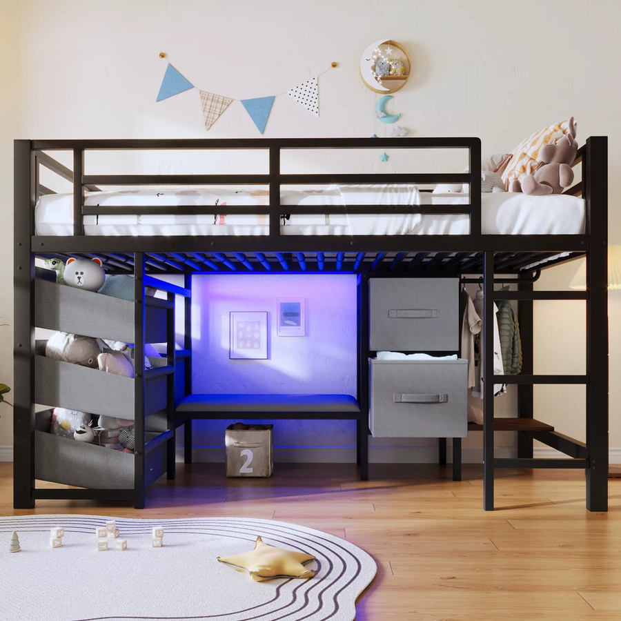 Rbefeuly Modernes Hochbett für Kinder mit LED-Beleuchtung, Stoff-Aufbewahrungsschubladen und Kleiderhaken, Schwarz, B/T: 90 x 200 cm - Bild 3