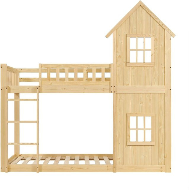 Merax Etagenbett Hausbett für Kinder mit Treppe und Fenster in Natur aus Kiefer und MDF, B/T/H: 204,5 x 90 x 205 cm - Bild 1