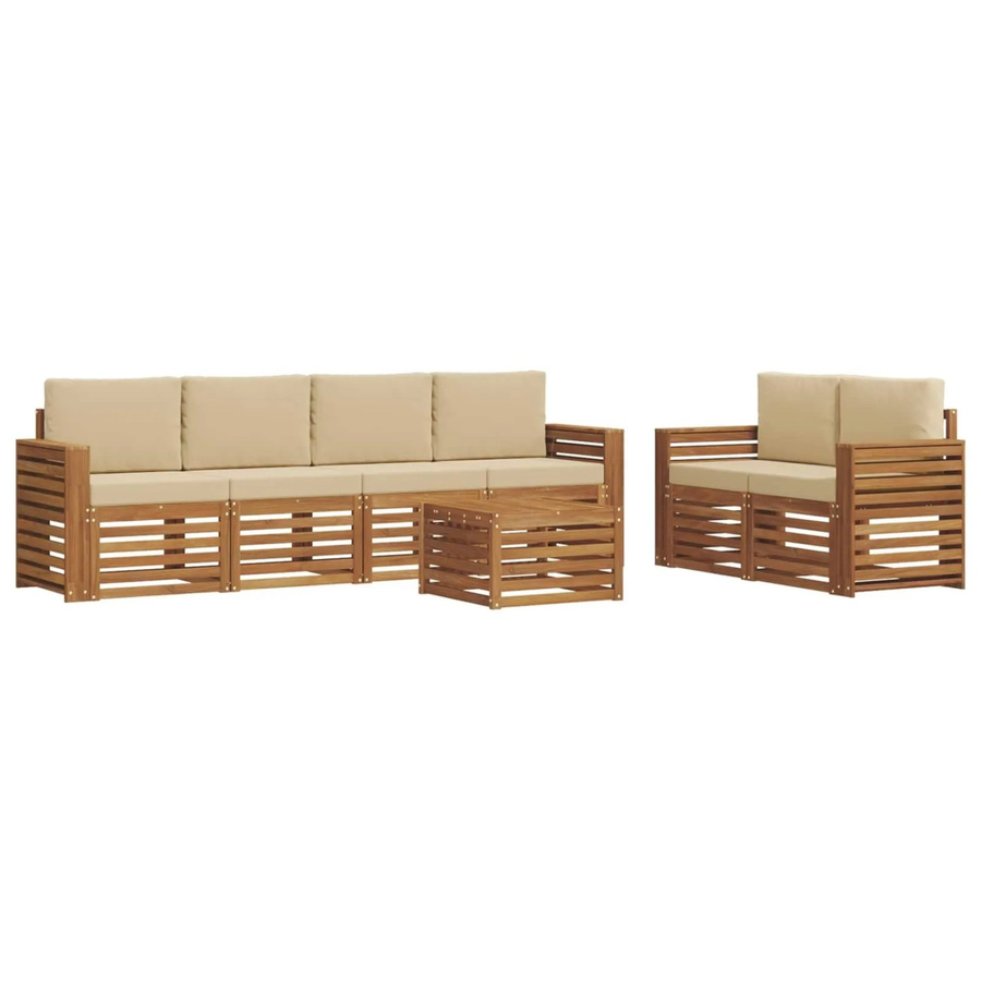vidaXL Sofagarnitur 7-teilig aus Massivholz Akazie in Natur und Beige mit Tisch und Kissen im modernen Latten-Design - Bild 2