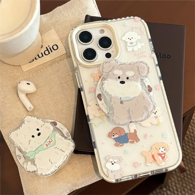 MUQGEW Koreanische Cartoon-Welpen-Handyhülle mit magnetischer Halterung für iPhone 17 16 15 14 13 12 Pro Max 11, transparent, stoßfeste Schutzhülle - Bild 1