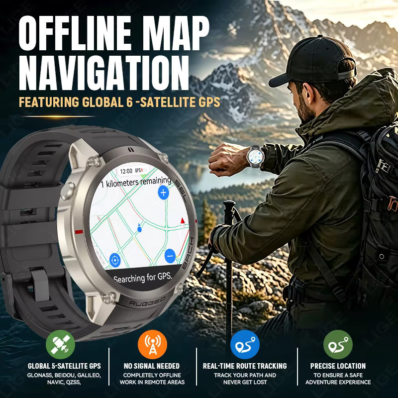 LIGE Taktische Outdoor GPS Smartwatch mit Offline-Karte, Kompass und Herzfrequenzmesser, 5ATM Wasserdicht, Bluetooth Telefonie, Farbe: Schwarz - Bild 2