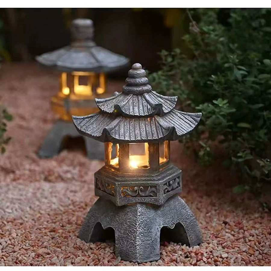 Solar Pagode Zen Stein Dekoration aus Harz als Gartenornament mit Außenbeleuchtung - Bild 2