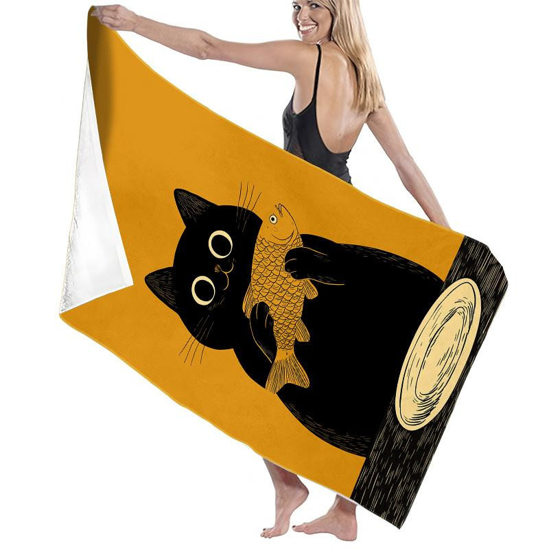 Strandtuch mit künstlerischem Design Schwarze Katze hält Fisch aus weicher Mikrofaser, B: 30 cm, H: 60 cm - Bild 4