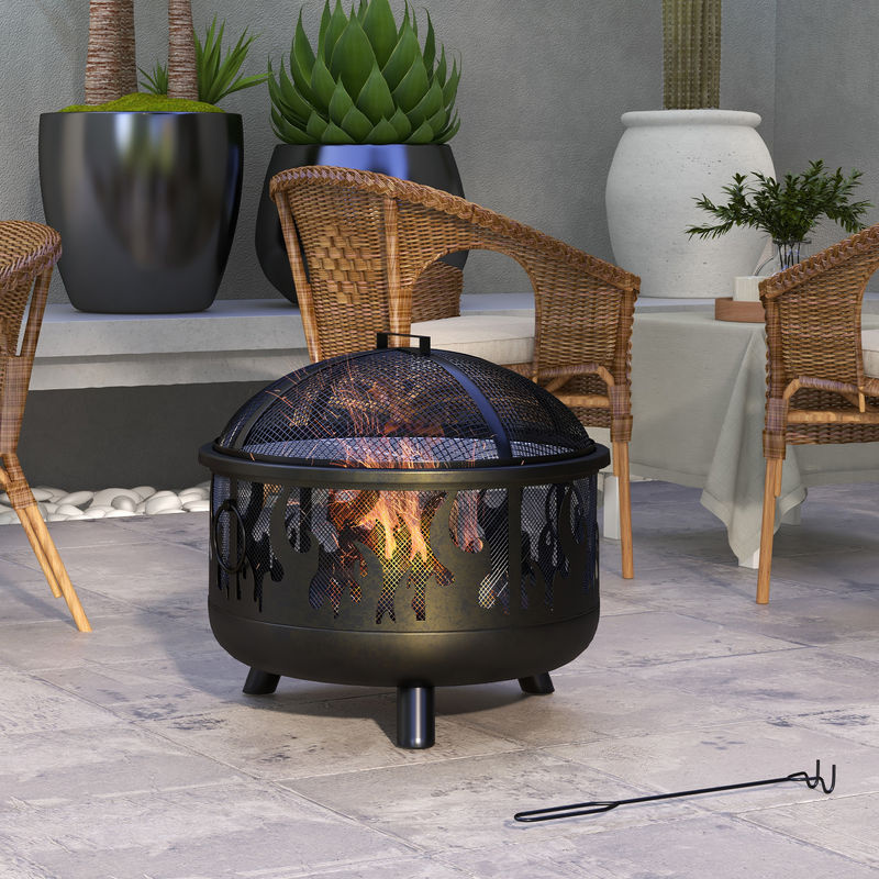 Outsunny Feuerschale aus Metall mit Funkenschutz, Schürhaken und Grillrost in Schwarz, B/T/H: 61 x 55 cm - Bild 2