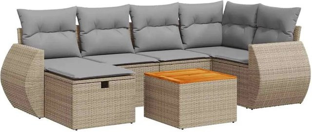vidaXL 7-tlg. Garten-Sofagarnitur in L-Form mit Kissen und Ottoman, Beige, Poly-Rattan und Acacia-Holz - Bild 1
