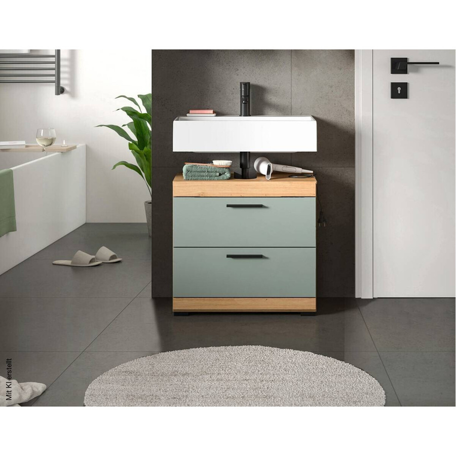 Waschbeckenunterschrank Xonox Scout in Eiche Artisan Nachbildung und Grün mit Türen und internen Schubladen, B/H/T: 60 x 34 x 56 cm - Bild 3