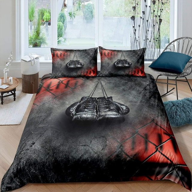 Bettwäsche Set mit Boxhandschuh Muster für Jungen und Männer, Bettbezug und Kissenbezug in Schwarz, B/H: 180 x 210 cm - Bild 1